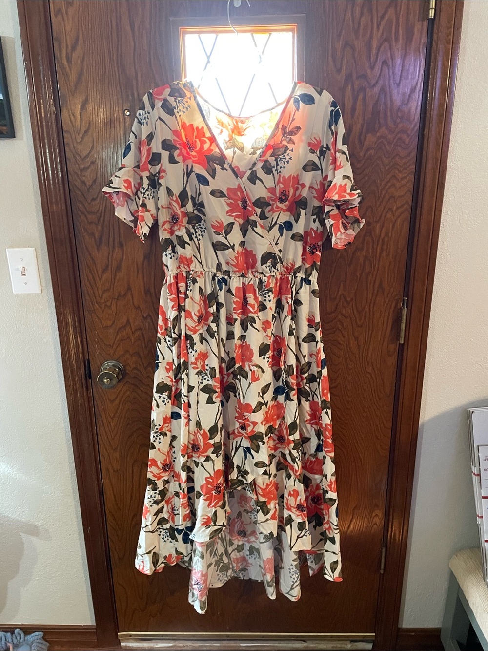 Kori Cream Floral High-Low Midi Dress with Red Flowers